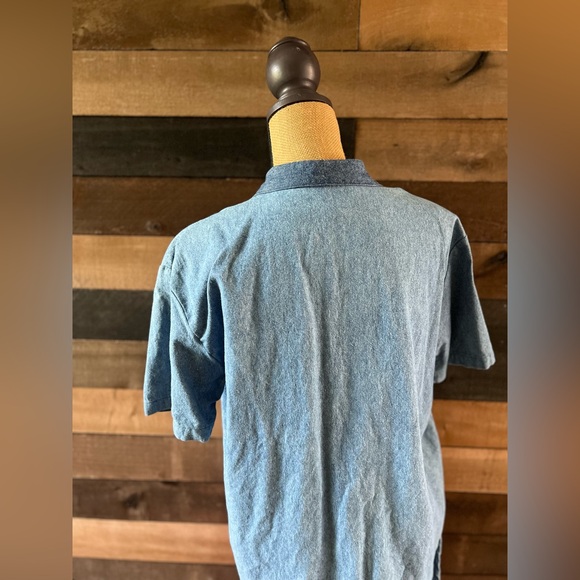 90s Vintage Teddi Blue Cotton Short Sleeves Patchwork Collared Button Up Shirt - Picture 9 of 11